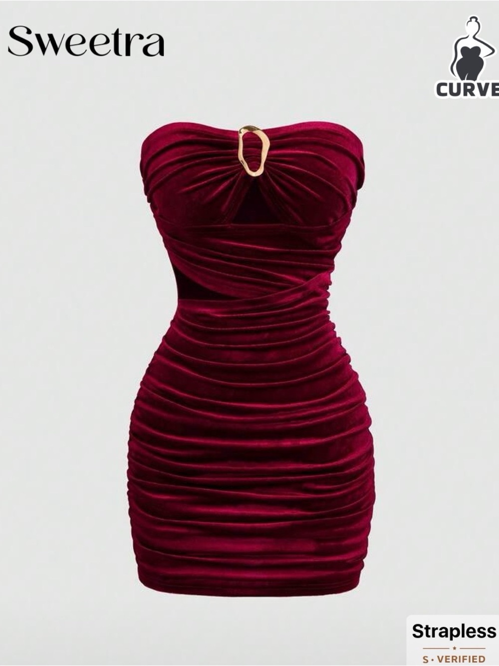 SHEIN Strapless Ruched Velvet Mini Dress in Burgundy with Gold Accent